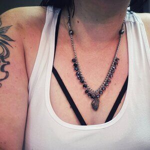 Chain necklace with faceted blue and pink beads and heart pendant - handmade